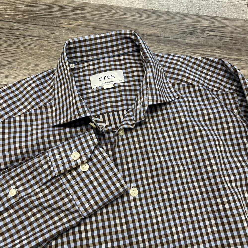 Eton Contemporary Blue Brown Blue Gingham Plaid‎ Mens M Long Sleeve Button Shirt